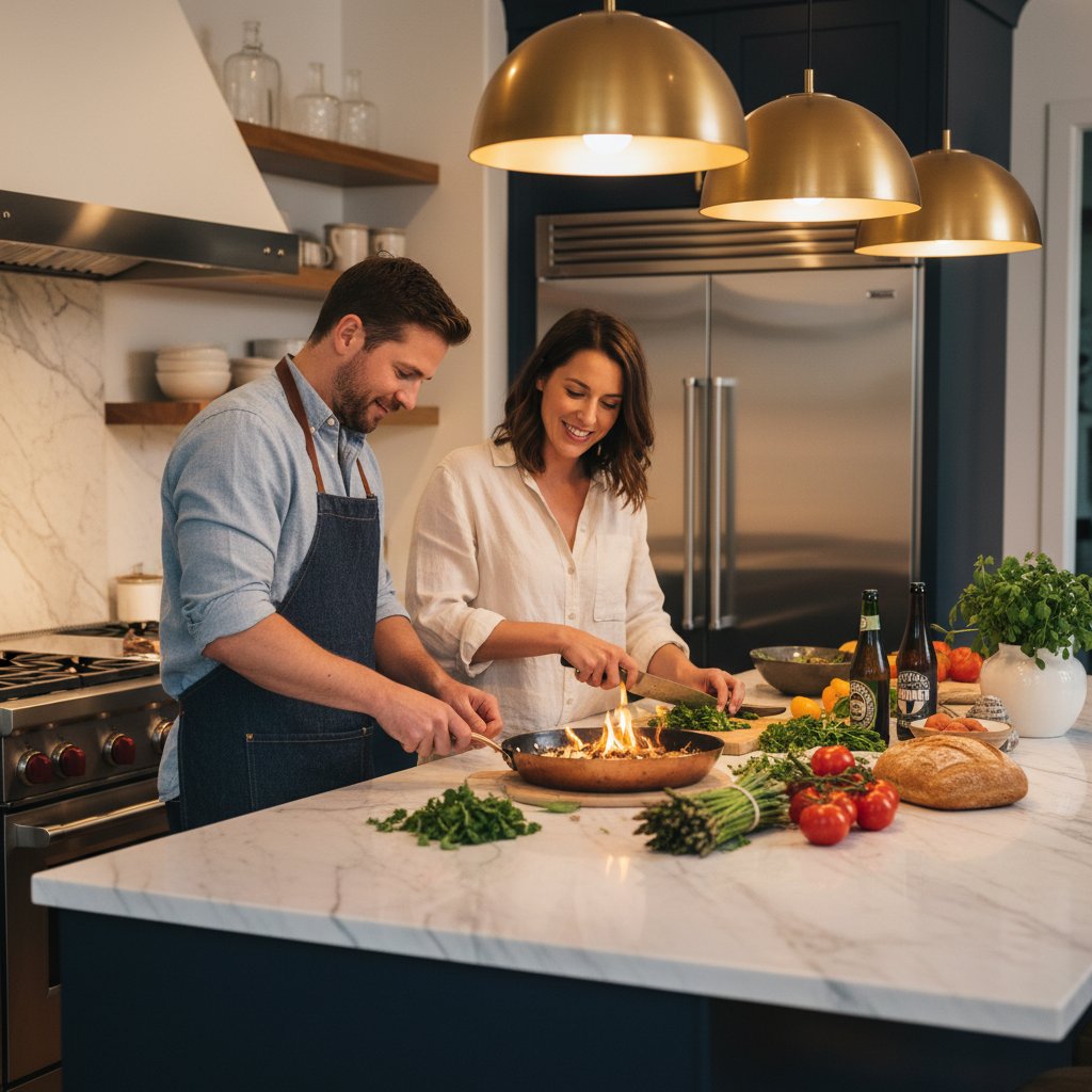 Couple cooking in Denver kitchen with Wolf range and Sub-Zero refrigerator