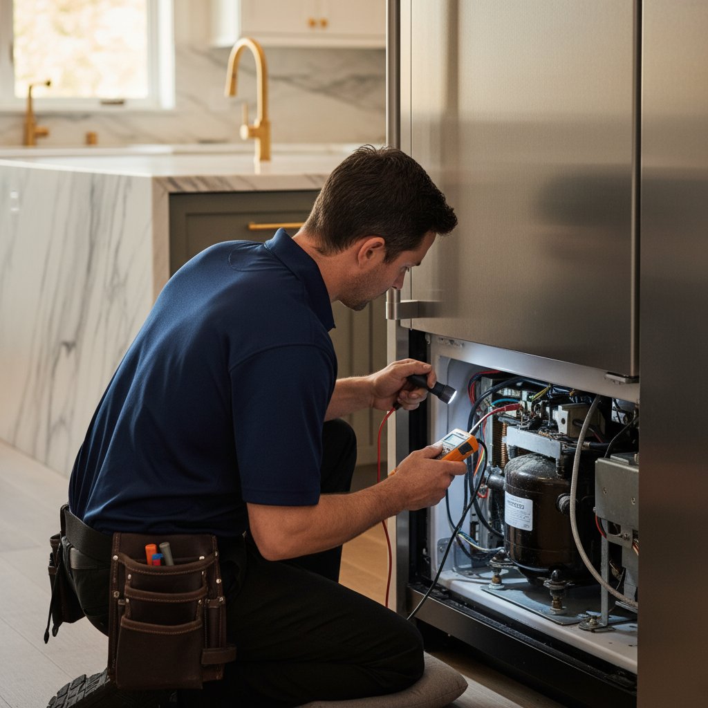Technician repairing Sub-Zero refrigerator in Denver home